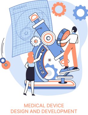 Bilim adamlarıyla tıbbi cihaz tasarımı ve geliştirme afişi ekipman ve deney metaforu geliştirir