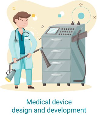 Bilimadamı ile tıbbi cihaz tasarımı ve geliştirme afişi ekipman ve cihazları geliştirir