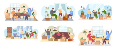 Yeni eve taşınan insanlarla ilgili çizimler. İkamet yeri değiştirilen bina kirası