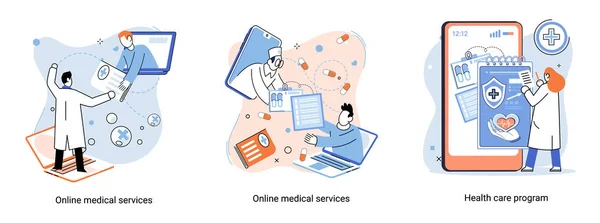 Programma di assistenza sanitaria, servizi medici online, medicina di protezione, assicurazione medica, metafora della telemedicina — Vettoriale Stock