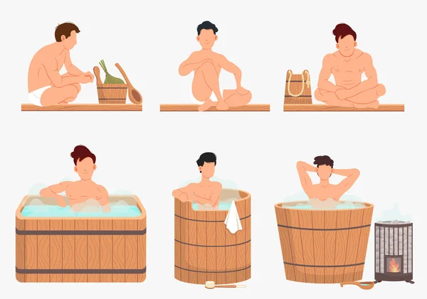 Молодий чоловік сидить у ванні, миючи своє тіло у сауні. Оздоровчі спа-процедури в дерев'яній водяній бочці — стоковий вектор