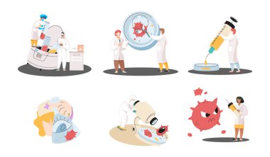 Antivirüs aşısı. Bilimsel araştırmaları yürüten bilim adamları laboratuvar asistanlarından oluşan bir takım test tüpü sahnesi hazırladılar.