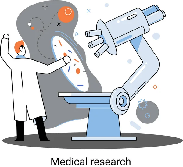 Metáfora de la investigación médica. Servicios de diagnóstico de laboratorio. Científicos trabajan con equipo y microscopio — Archivo Imágenes Vectoriales