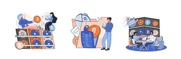 Criptomoeda Bitcoin metáfora de mineração, tecnologia Blockchain. Procedimentos de intercâmbio ciberbancário — Vetor de Stock