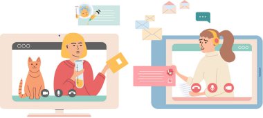 Sanal toplantı, online takım çalışması. Video konferansına katılan bir grup meslektaşla bilgisayar