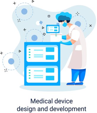 Bilim adamlarıyla tıbbi cihaz tasarımı ve geliştirme afişi ekipman ve deney metaforu geliştirir