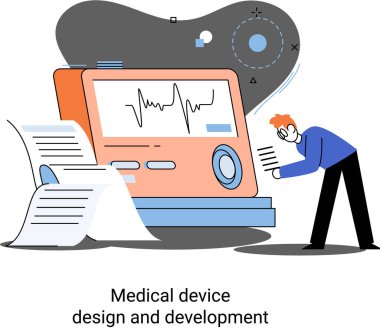 Bilim adamlarıyla tıbbi cihaz tasarımı ve geliştirme afişi ekipman ve deney metaforu geliştirir