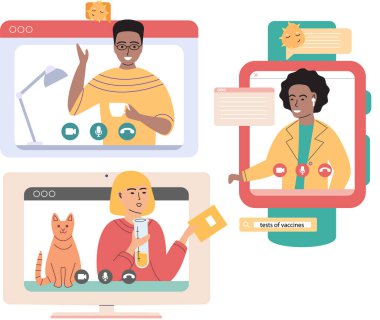 Sanal toplantı, online takım çalışması. Video konferansına katılan bir grup meslektaşla bilgisayar