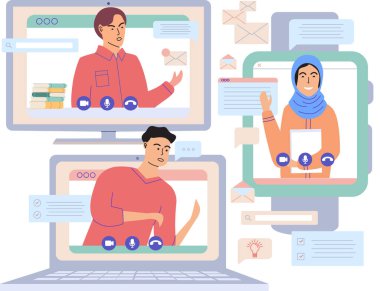 Sanal toplantı, online takım çalışması. Video konferansına katılan bir grup meslektaşla bilgisayar