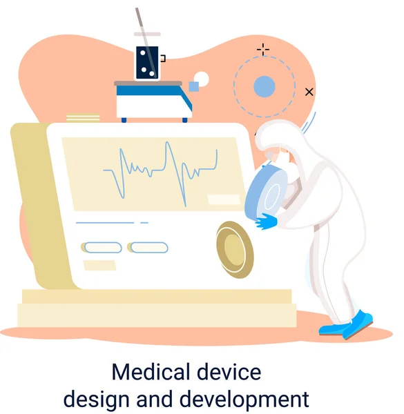 Medical device design and development banner with scientist develop equipment and experiment metaphor — Stock Vector