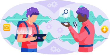 Ses asistanı. Akıllı konuşmacı sanal asistanı, ses robotu, ses kontrollü akıllı konuşmacı kullanan insanlar.