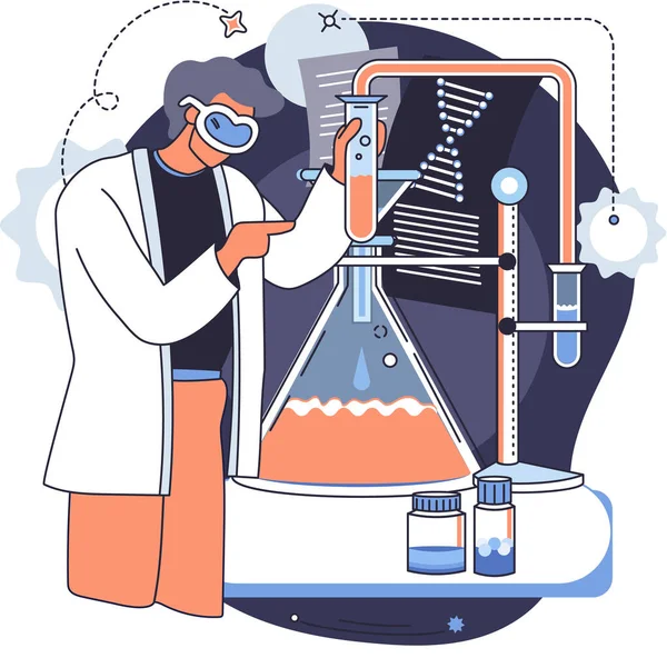 Вчений з колбами, мікроскопом та медичним обладнанням, що працює над розробкою антивірусного лікування — стоковий вектор