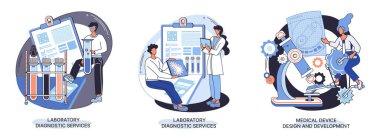 Bilim adamlarıyla tıbbi cihaz tasarımı ve geliştirme afişi ekipman ve deney metaforu geliştirir
