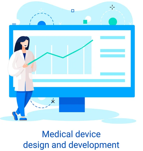 Il banner di progettazione e sviluppo di dispositivi medici con lo scienziato sviluppa attrezzature e metafora sperimentale — Vettoriale Stock