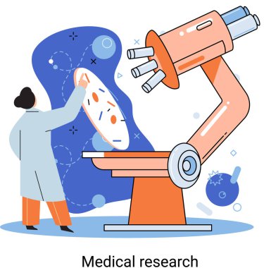Tıbbi araştırma metaforu. Laboratuvar teşhis hizmetleri. Bilim adamları ekipman ve mikroskopla çalışıyorlar