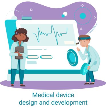 Bilim adamlarıyla tıbbi cihaz tasarımı ve geliştirme afişi ekipman ve deney metaforu geliştirir