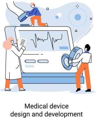 Bilim adamlarıyla tıbbi cihaz tasarımı ve geliştirme afişi ekipman ve deney metaforu geliştirir
