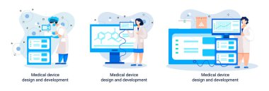 Bilim adamlarıyla tıbbi cihaz tasarımı ve geliştirme afişi ekipman ve deney metaforu geliştirir