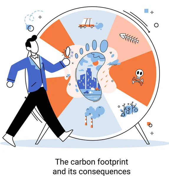 Szénlábnyom és következményei. Az éghajlatváltozás okai a bolygón. Ökológiai problémák metafora — Stock Vector