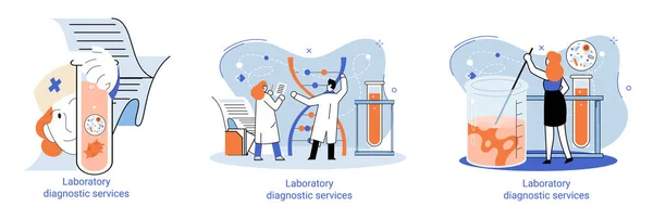 Laboratóriumi diagnosztikai szolgáltatások, egészségügyi mutatók kutatás, kezelés, orvosi vizsgálat klinikai metaforákban — Stock Vector
