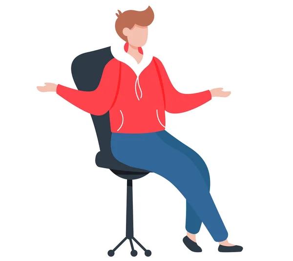 Mujer sentada en silla, las manos extendidas a los lados, expresa emociones con gestos y charlas — Vector de stock