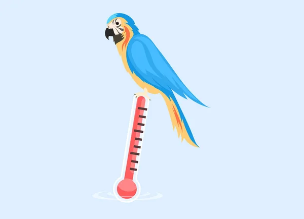 Tropical parrot sits on thermometer with red scale. Concept of global warming temperature increase — Stock Vector