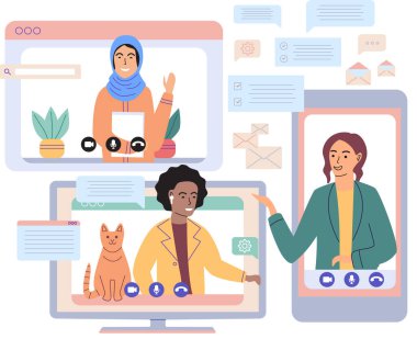 Sanal toplantı, online takım çalışması. Video konferansına katılan bir grup meslektaşla bilgisayar