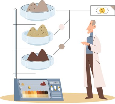Toprak analizi ve toprak kirliliği veya yapı kontrolü. Yer seviyesini ölçen bilim adamı durum metaforu