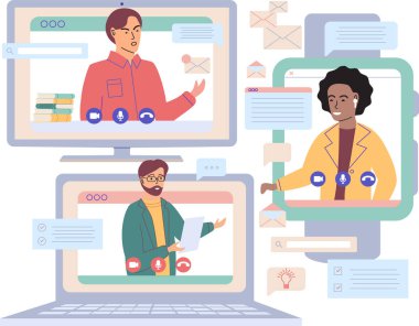 Sanal toplantı, online takım çalışması. Video konferansına katılan bir grup meslektaşla bilgisayar