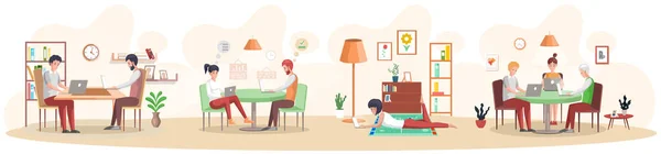 Set of people doing freelance at home. Remote work with on computer online internet entertainment — Image vectorielle