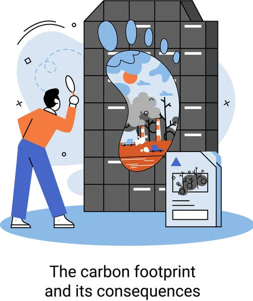Szénlábnyom és következményei. Az éghajlatváltozás okai a bolygón. Ökológiai problémák metafora — Stock Vector
