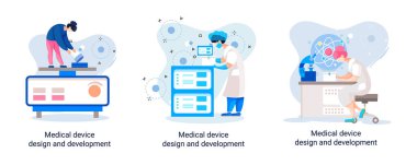 Bilim adamlarıyla tıbbi cihaz tasarımı ve geliştirme afişi ekipman ve deney metaforu geliştirir