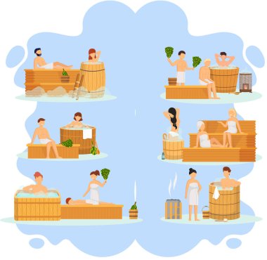 Sauna ve buhar odası. Saunada bir grup insan. İnsanlar banya 'da huş süpürgeleriyle rahatlar ve buharlaşır.