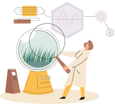 Büyüteç kullanarak bitki türlerini inceleyen bilim adamları, biyoloji laboratuvarında araştırma yapıyorlar.