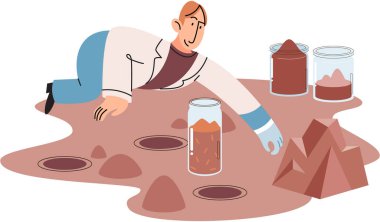 Bilimadamı toprağı inceliyor, toprak durumunun kimyasal analizi için toprak örnekleri alıyor.