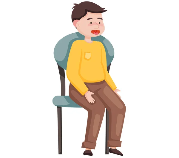 Dor de garganta ou dor. Menino em consulta com pediatra senta-se na cadeira com a boca aberta —  Vetores de Stock