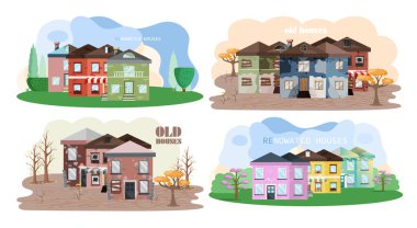 Tadilattan önce ve sonra eski bir ev. Yeni ve eski banliyö kulübesi. Binayı sil