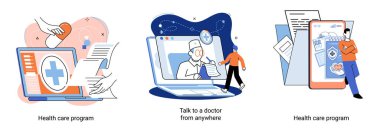 Gezici tıp. Çevrimiçi tıbbi hizmetler metaforu, sağlık hizmetleri programı, her yerden doktorla konuşun.