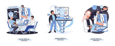 Çevrimiçi tıbbi hizmetler web sitesi ve mobil uygulamalar, profesyonel tıbbi danışma metaforu edinin