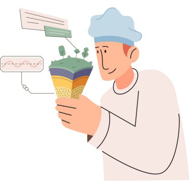 Toprak analizi ve toprak kirliliği veya yapı kontrolü. Yer seviyesini ölçen bilim adamı durum metaforu