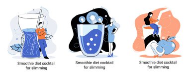 Küçük insan konseptini zayıflatmak için sağlıklı bir diyet kokteyli olarak yeşil smoothie. Vegan detoks gıda metaforu