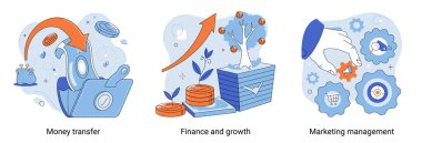 Para transferi metaforu, finans ve büyüme, pazarlama yönetimi, iş teması illüstrasyonları