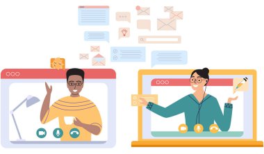 Sanal toplantı, online takım çalışması. Video konferansına katılan bir grup meslektaşla bilgisayar