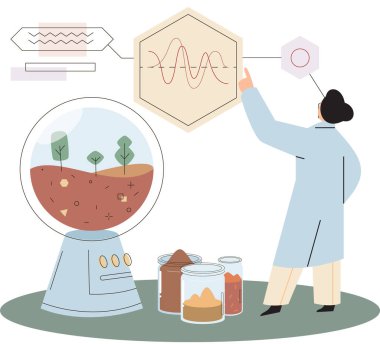 Toprak analizi ve toprak kirliliği veya yapı kontrolü. Yer seviyesini ölçen bilim adamı durum metaforu