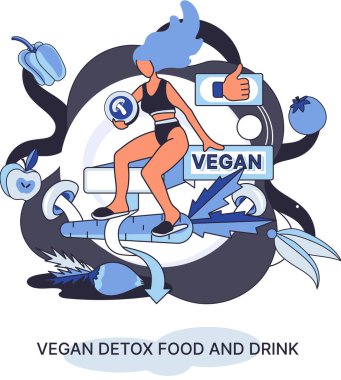Fitness yaşam tarzı ve beslenme metaforu. Sağlıklı detoks vegan yiyecek ve içecek, zayıflamak için vejetaryen diyeti