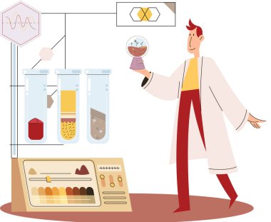 Toprak analizi ve toprak kirliliği veya yapı kontrolü. Yer seviyesini ölçen bilim adamı durum metaforu