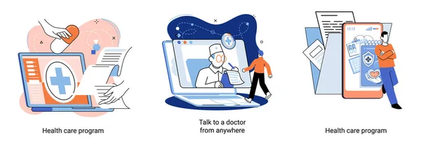 이동용 약. 온라인 의료 서비스의 비유, 의료 프로그램, 어디서 든 의사에게 이야기하 세요. — 스톡 벡터