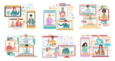 Sanal toplantı, online takım çalışması. Video konferansına katılan bir grup meslektaşla bilgisayar