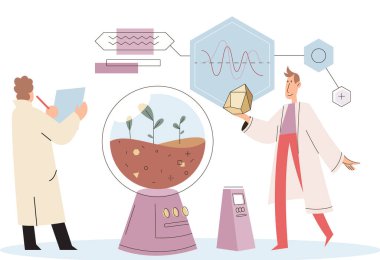 Toprak analizi ve toprak kirliliği veya yapı kontrolü. Yer seviyesini ölçen bilim adamı durum metaforu