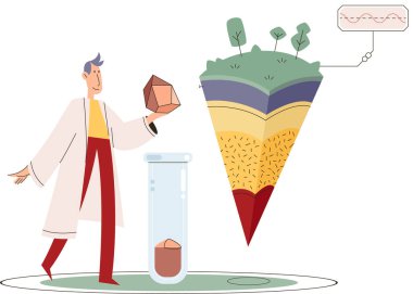 Toprak analizi ve toprak kirliliği veya yapı kontrolü. Yer seviyesini ölçen bilim adamı durum metaforu